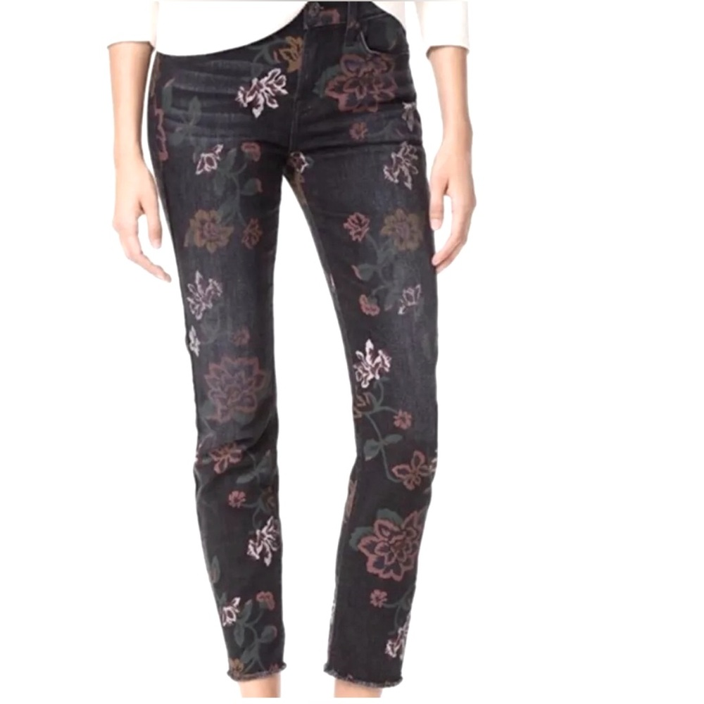 7 For All Mankind Roxette Crop Straight Leg Black Floral Denim Jeans size 28